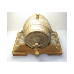 Vintage UHL Stoneware Whiskey Barrel Shot Glass Keg with Stand, and Glasses